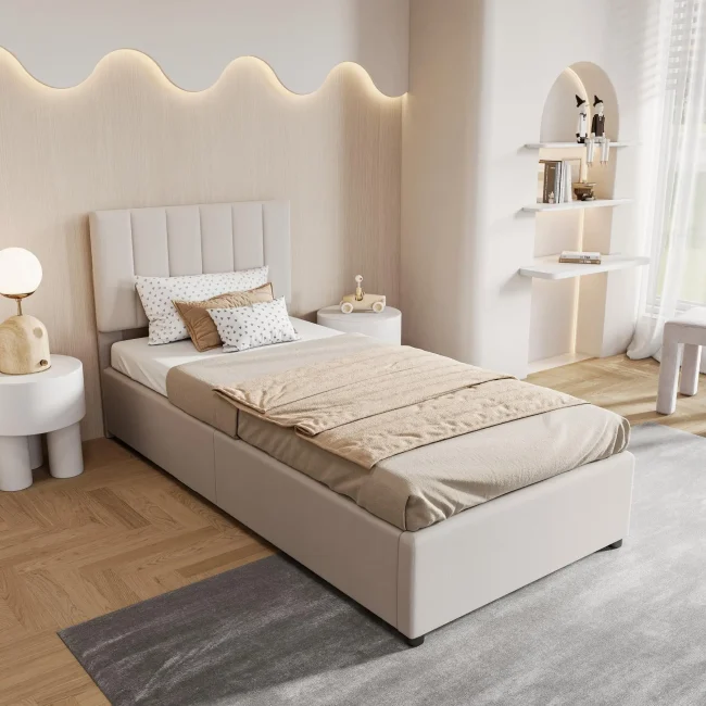StayPlay Runaway Eenpersoonsbed – Linnen Beige met hydraulisch opbergsysteem, opbergruimte en lattenbodem