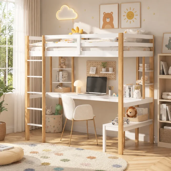 StayPlay Runaway Hoogslaper – Massief Hout met ingebouwd bureau en veiligheidsrand