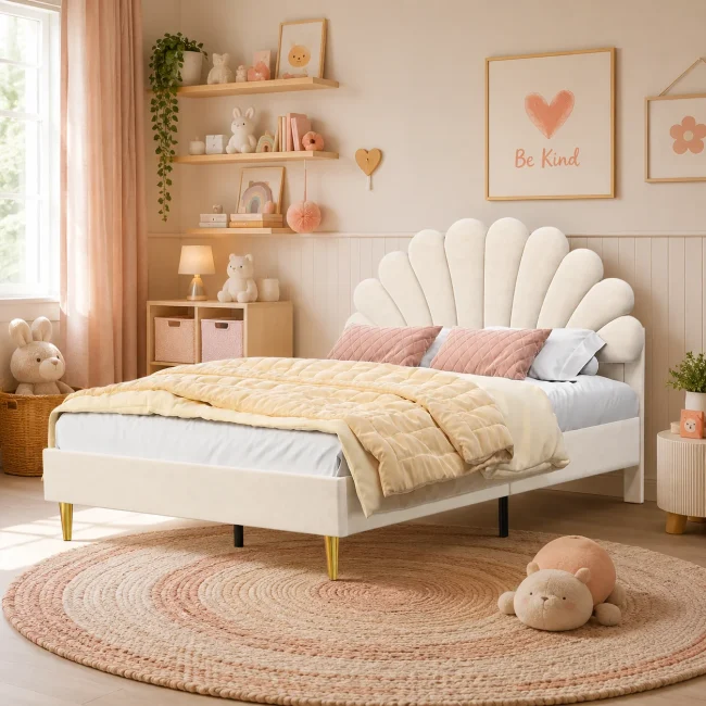 StayPlay Runaway Tweepersoonsbed 140x200cm – Fluweel Beige met lattenbodem, fluwelen