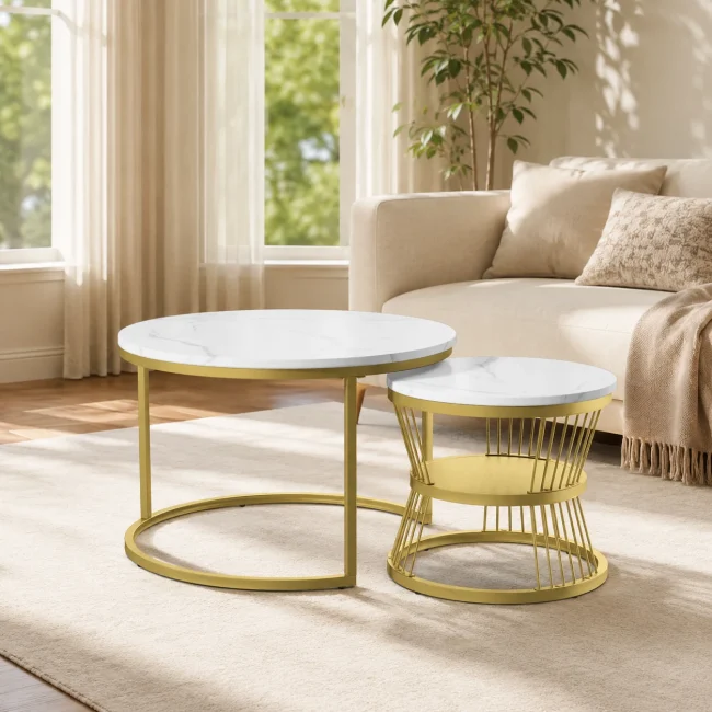 StayPlay Runaway Ronde Salontafel – Marmerlook Goud met opbergruimte
