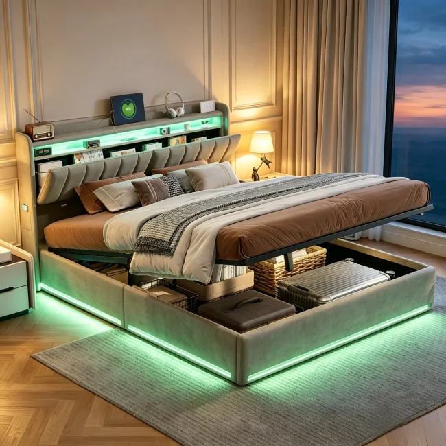 StayPlay Runaway Bedframe – Fluweel met LED-verlichting, USB-oplaadpoort en opbergruimte