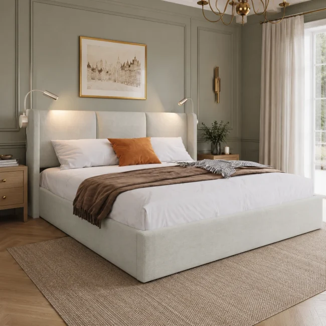 StayPlay Runaway Tweepersoonsbed – Linnen Beige met lattenbodem en inklapbaar ontwerp