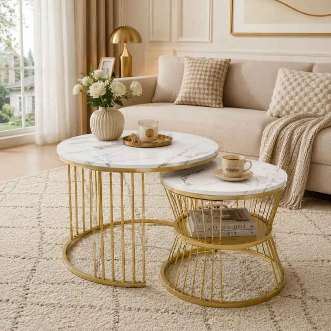 StayPlay Runaway Ronde Salontafel – Marmerlook Goud – Serie 1