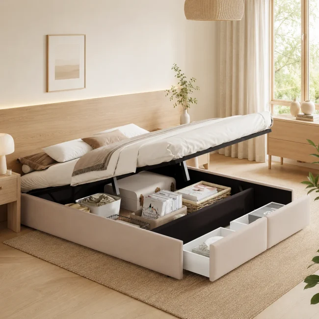StayPlay Runaway Tweepersoonsbed – Linnen met hydraulisch opbergsysteem en opbergruimte, bedframe