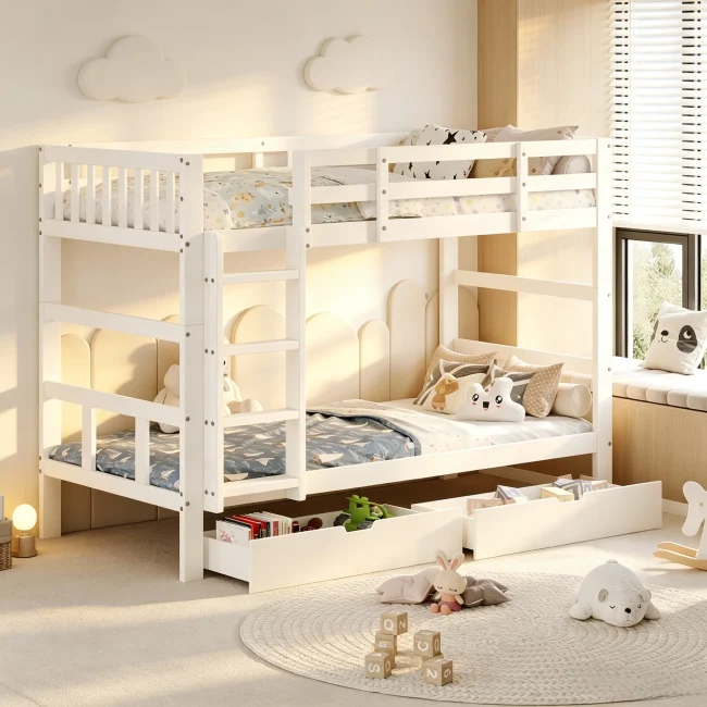 StayPlay Runaway Stapelbed 90x200cm – Massief Hout Wit met opbergruimte