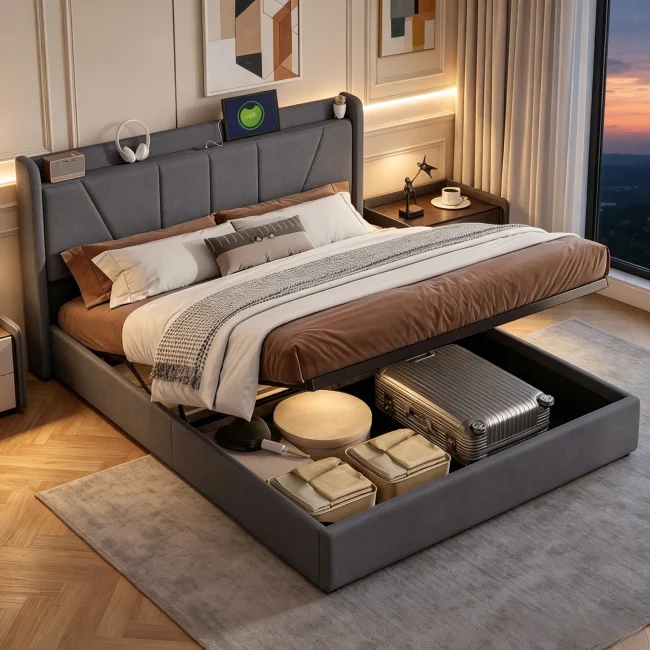 StayPlay Runaway Tweepersoonsbed – Linnen Grijs met hydraulisch opbergsysteem, opbergruimte en lattenbodem