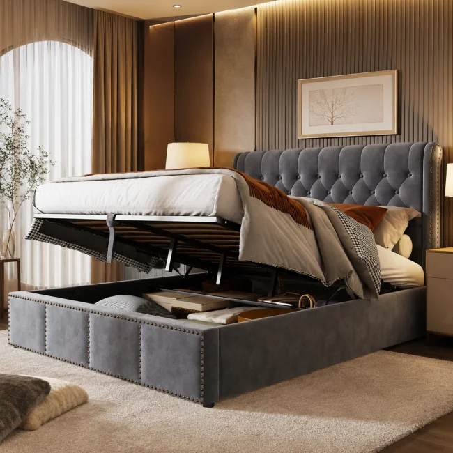 StayPlay Runaway Bedframe – Fluweel met opbergruimte en lattenbodem