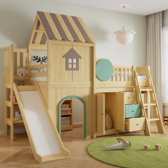 StayPlay Runaway Stapelbed 90×200cm met opbergruimte, glijbaan en veilige trap