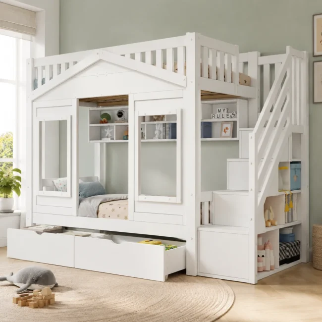 StayPlay Runaway Kinderstapelbed 90×200cm – Hout Wit met opbergruimte, veilige trap en veiligheidsrand