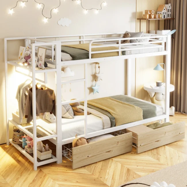StayPlay Runaway Stapelbed 90x200cm – Metalen met LED-verlichting, opbergruimte en kledingkast