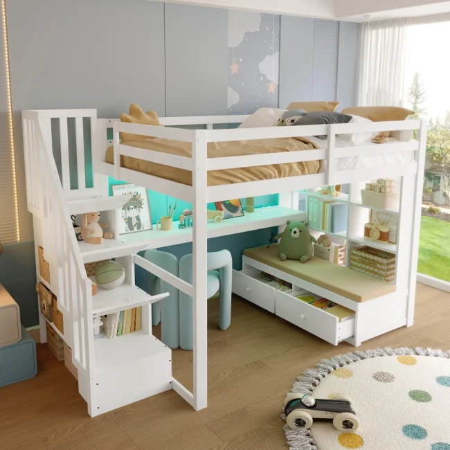 StayPlay Runaway Kinderstapelbed – Wit met opbergruimte en ingebouwd bureau