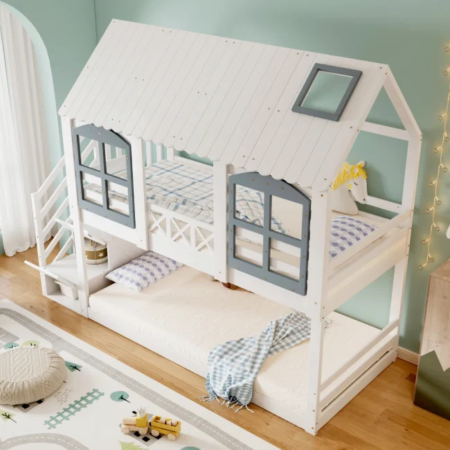 StayPlay Runaway Kinderstapelbed 90×200cm – Grenen Wit met opbergruimte, veilige trap en veiligheidsrand