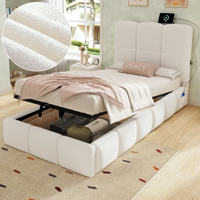 StayPlay Runaway Bedframe 90×200cm – Bouclé Beige met USB-oplaadpoort, hydraulisch opbergsysteem en opbergruimte