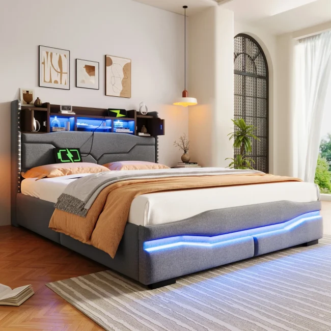StayPlay Runaway Bedframe met LED-verlichting, USB-oplaadpoort en hydraulisch opbergsysteem