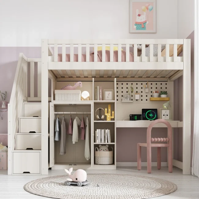 StayPlay Runaway Kinderhoogbed 90x200cm – Wit met USB-oplaadpoort, ingebouwd bureau en roosterdesign