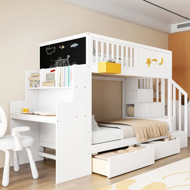 StayPlay Runaway Stapelbed 90x200cm – Massief Grenen met opbergruimte, veilige trap en ingebouwd bureau