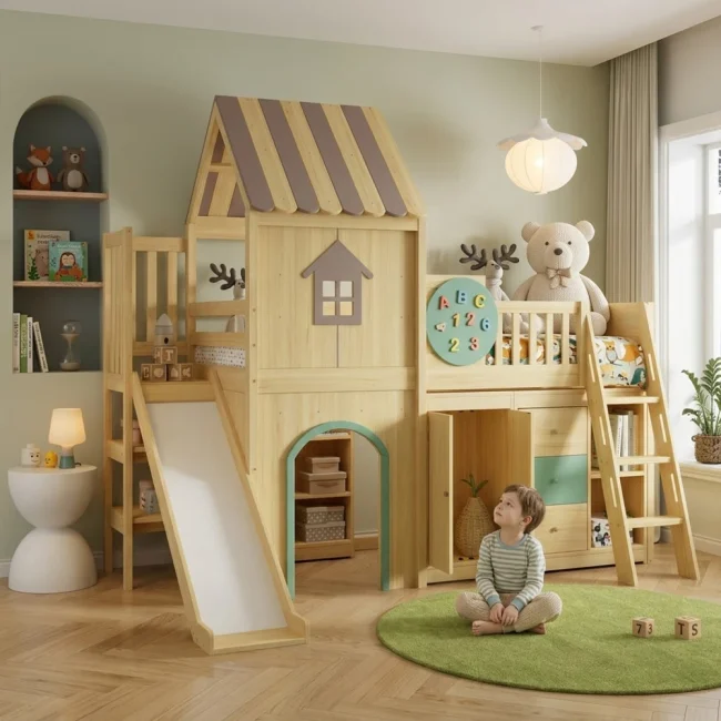 StayPlay Runaway Stapelbed 90x200cm – Massief Grenen Groen met opbergruimte, glijbaan en veilige trap