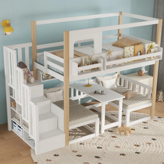 StayPlay Runaway Kinderstapelbed 90x200cm – Hout Wit met opbergruimte en veilige trap