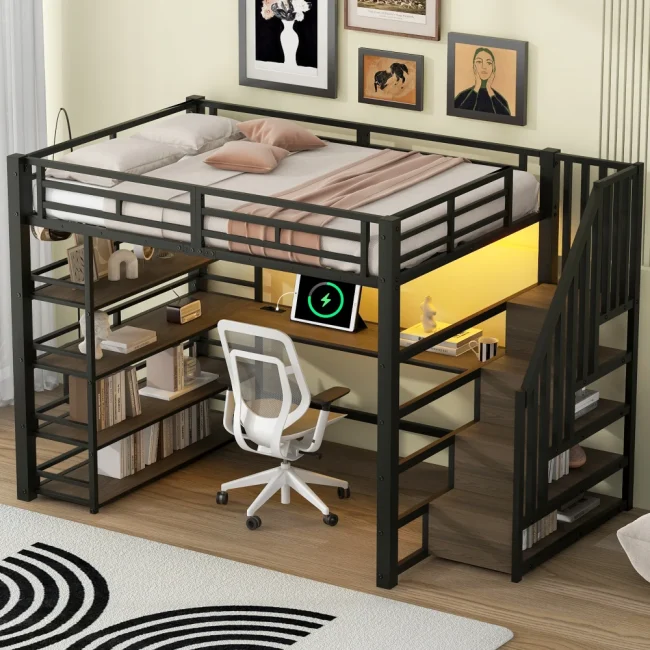 StayPlay Runaway Stapelbed 140x200cm – Metaal met LED-verlichting, USB-oplaadpoort en opbergruimte