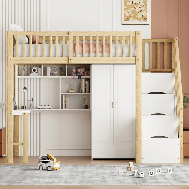 StayPlay Runaway Kinderbed 90x200cm – Hout Wit met opbergruimte, veilige trap en kledingkast