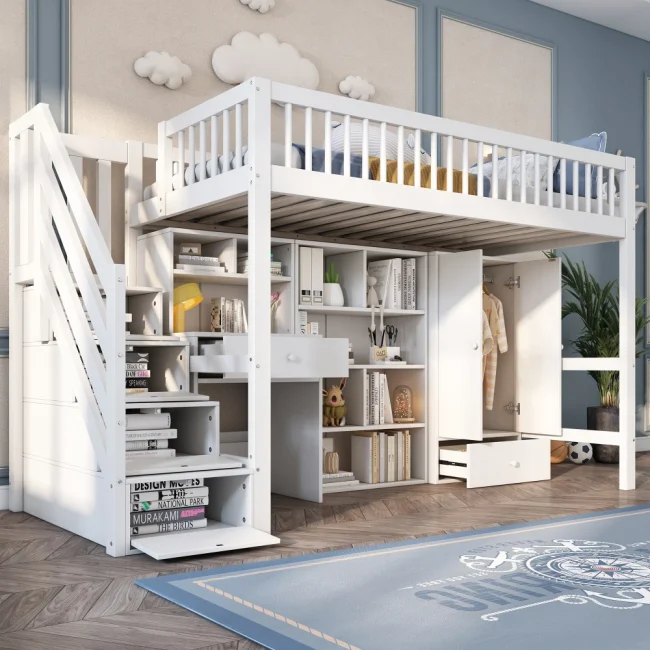 StayPlay Runaway Babybedje – Massief Hout met veilige trap, ingebouwd bureau en kledingkast
