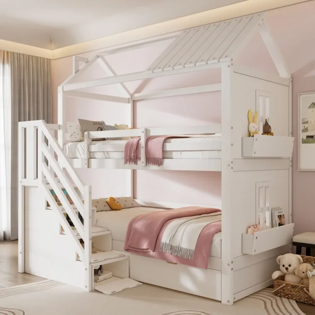 StayPlay Runaway Kinderstapelbed – Grenen Wit met opbergruimte en veilige trap