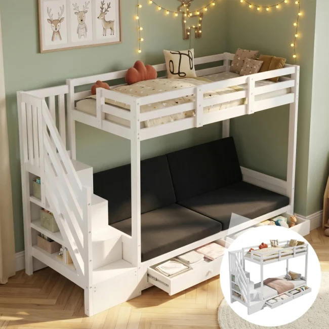 StayPlay Runaway Kinderstapelbed 90x200cm – Wit met opbergruimte en veilige trap