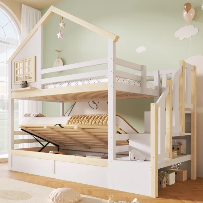 StayPlay Runaway Stapelbed 90x200cm – Hout Wit met hydraulisch opbergsysteem, opbergruimte en roosterdesign