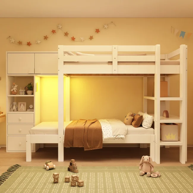 StayPlay Runaway Stapelbed 90x200cm – Wit met opbergruimte en kledingkast