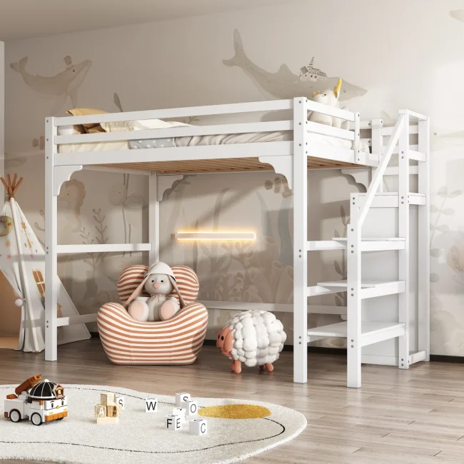 StayPlay Runaway Kinderbed – Wit met opbergruimte, veilige trap en kledingkast