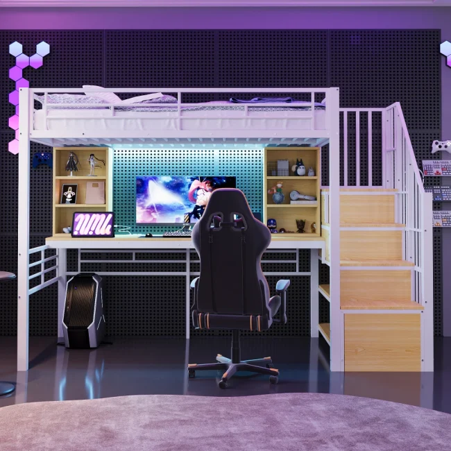 StayPlay Runaway Hoogbed 90×200cm – IJzer met LED-verlichting en ingebouwd bureau