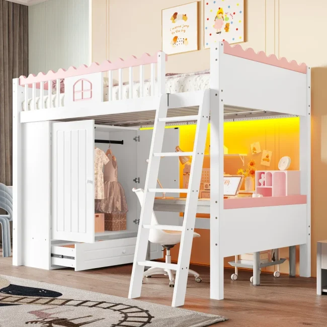 StayPlay Runaway Stapelbed 90x200cm – Grenen met LED-verlichting, opbergruimte en kledingkast