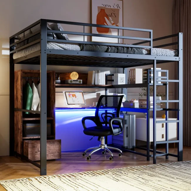 StayPlay Runaway Kinderhoogbed 140x200cm – Metalen met LED-verlichting, veilige trap en ingebouwd bureau