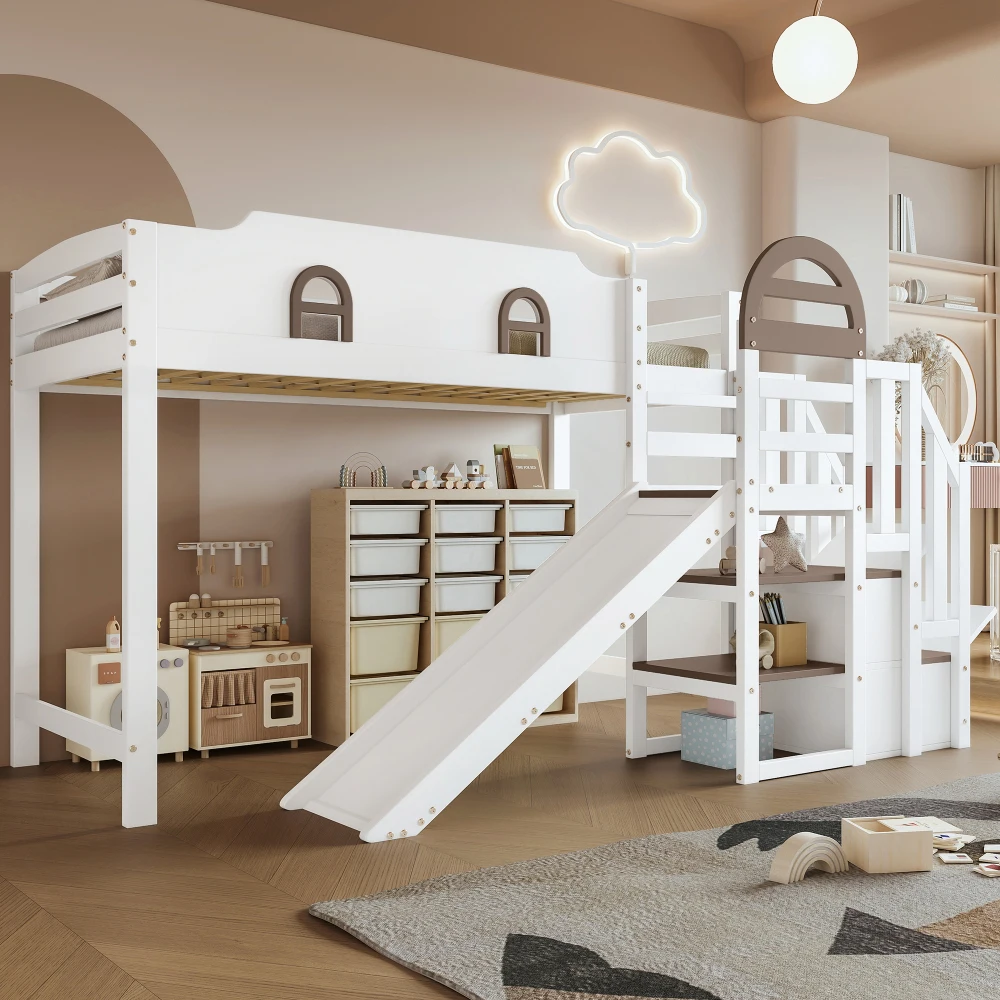 StayPlay Runaway Kinderstapelbed 90x200cm met opbergruimte, glijbaan en veilige trap