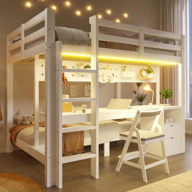 StayPlay Runaway Bedframe 90x200cm – Grenen met LED-verlichting, opbergruimte en ingebouwd bureau