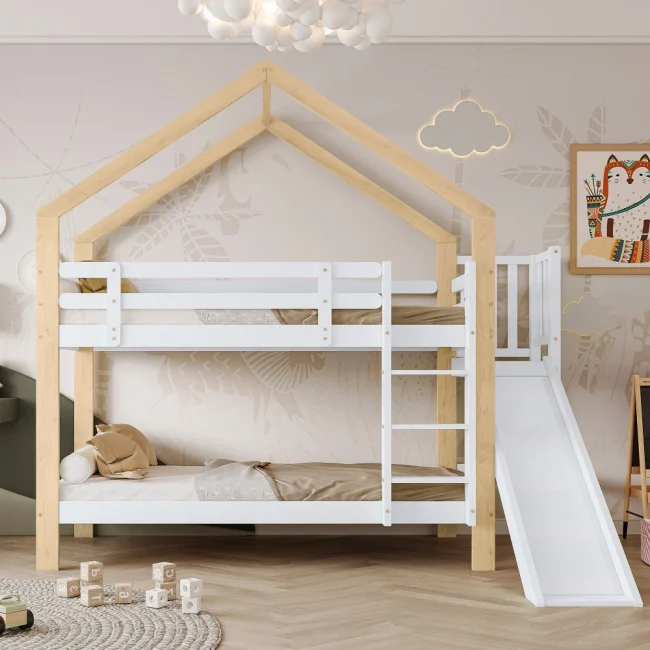 StayPlay Runaway Stapelbed 90x200cm – Massief Hout met glijbaan en veilige trap – Serie 2