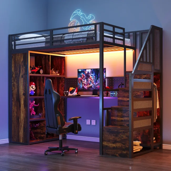 StayPlay Runaway Kinderbed 90x200cm – Metalen met LED-verlichting, opbergruimte en ingebouwd bureau