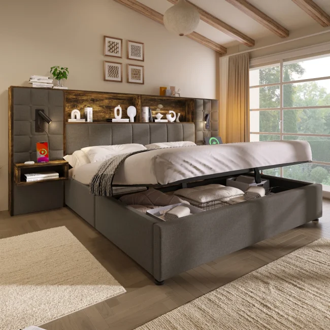 StayPlay Runaway Bedframe 160x200cm – Linnen met USB-oplaadpoort, opbergruimte en lattenbodem