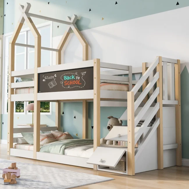 StayPlay Runaway Kinderstapelbed 90x200cm – Hout Wit met opbergruimte en boomhutdesign