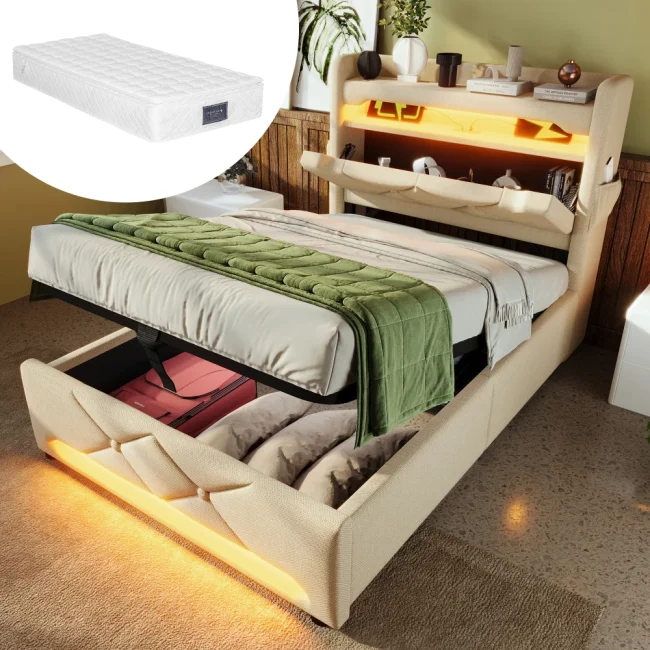 StayPlay Runaway Gestoffeerd Bed met USB-oplaadpoort, hydraulisch opbergsysteem en opbergruimte
