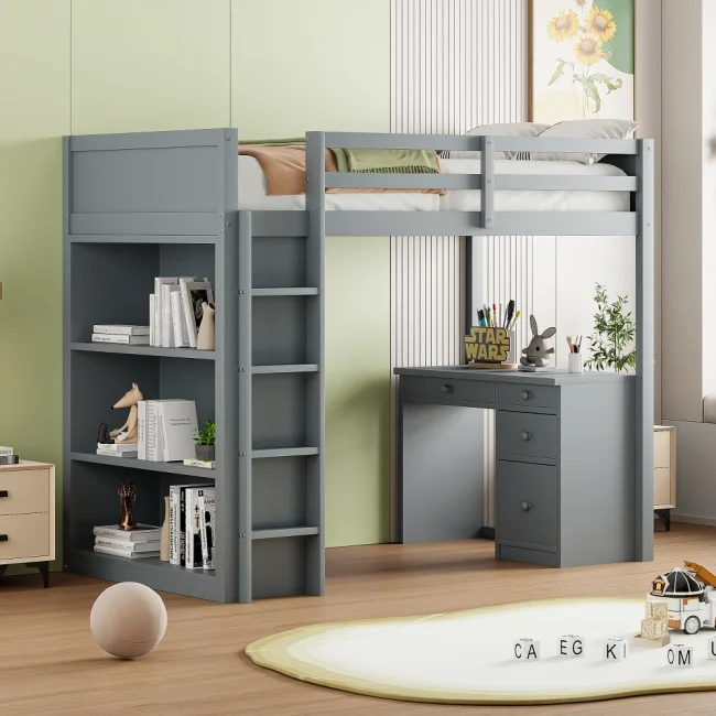 StayPlay Runaway Hoogbed 90x200cm – Hout Grijs met opbergruimte