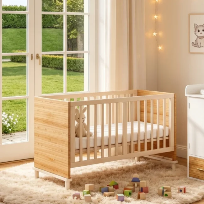 StayPlay Runaway Kinderbed 70×140×87cm – Massief Hout met verstelbare hoogte, babybedje, natuurlijk niveaus