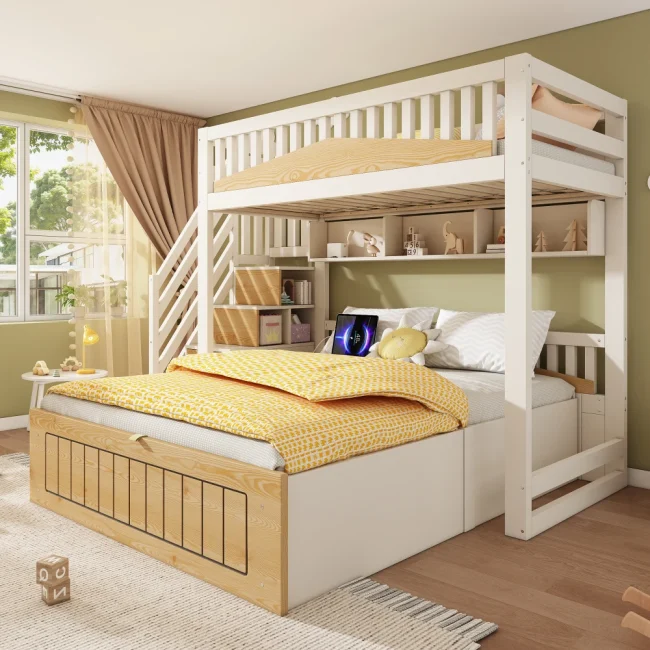 StayPlay Runaway Stapelbed 140x200cm – Hout Wit met USB-oplaadpoort, hydraulisch opbergsysteem en veilige trap
