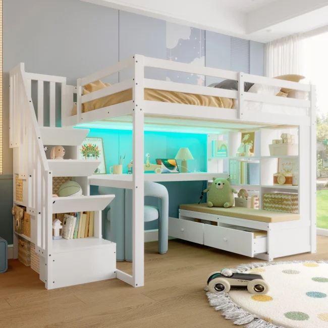 StayPlay Runaway Stapelbed – Wit met opbergruimte, veilige trap en ingebouwd bureau