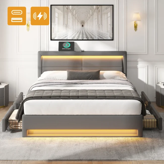 StayPlay Runaway Gestoffeerd Bed met LED-verlichting, USB-oplaadpoort en opbergruimte