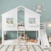 StayPlay Runaway Kinderstapelbed 90x200cm – Massief Grenen Wit met veilige trap en huisvormig raamdesign