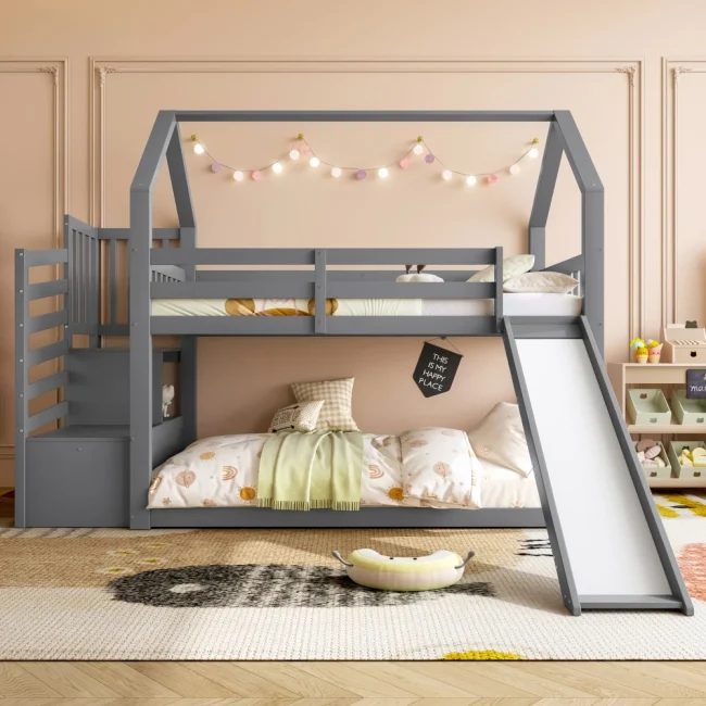 StayPlay Runaway Stapelbed 90x200cm – Wit met glijbaan en veilige trap