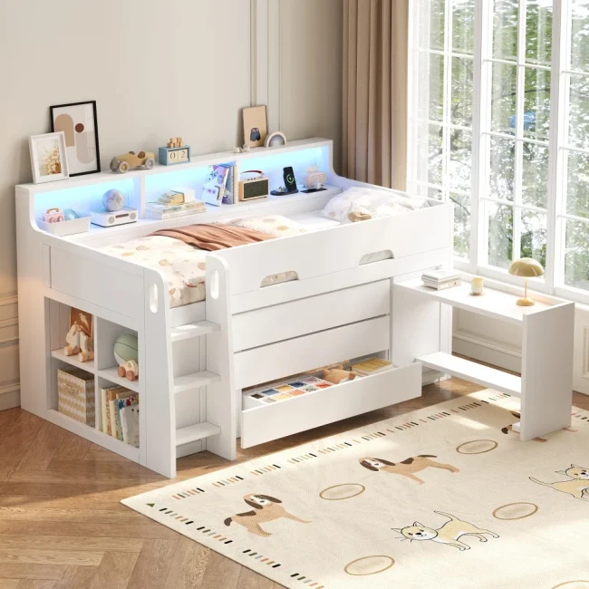 StayPlay Runaway Stapelbed 90x200cm met LED-verlichting, USB-oplaadpoort en opbergruimte – Serie 2