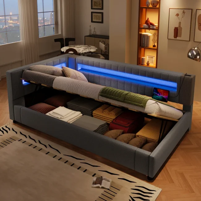 StayPlay Runaway Slaapbank 90×200cm met LED-verlichting, USB-oplaadpoort en hydraulisch opbergsysteem