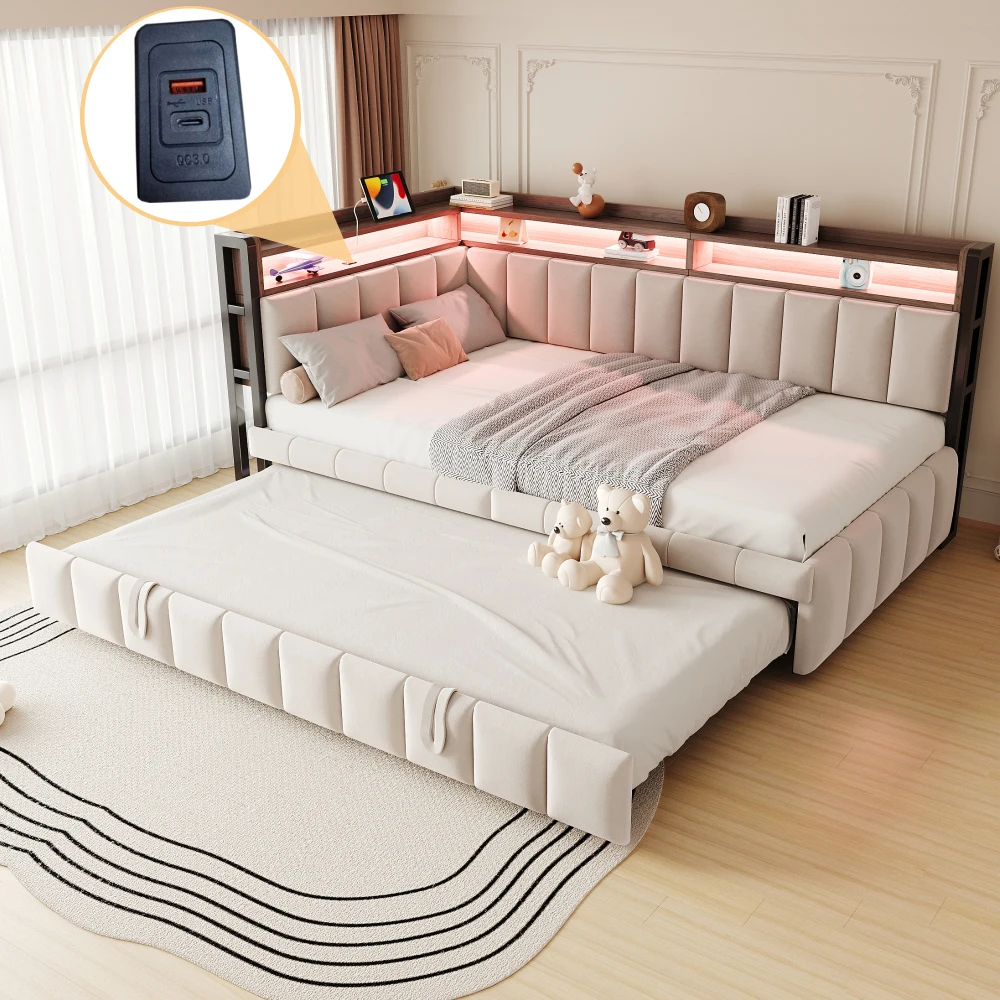 StayPlay Runaway Slaapbank 90x200cm met LED-verlichting, USB-oplaadpoort en opbergruimte